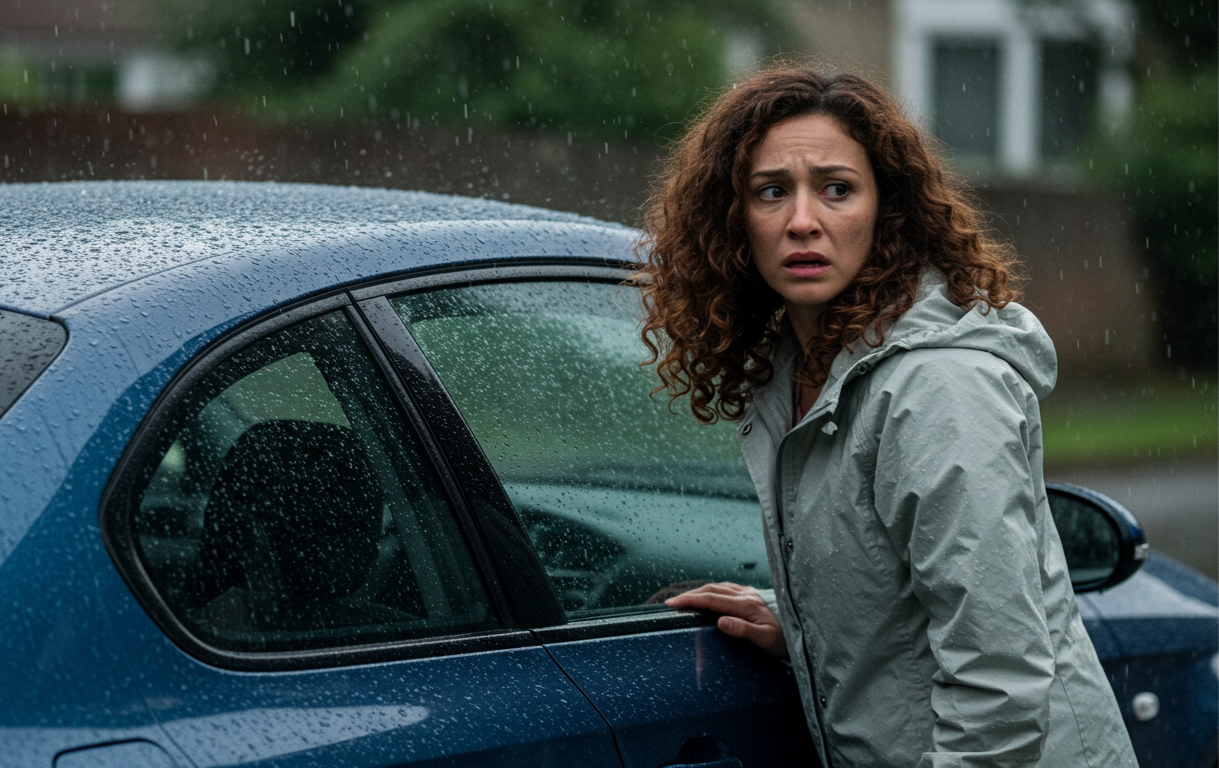 Driver standing beside a locked car in the rain